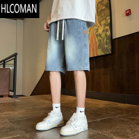 HLCOMAN美式复古夏季男士牛仔短裤2024新款星空纹潮牌宽松直筒五分中裤子