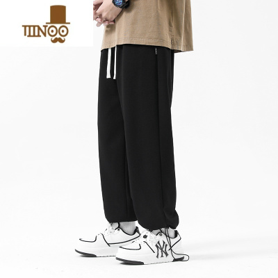 YANXU抽绳束脚裤子男士2023新款黑色休闲长裤潮牌宽松运动九分裤