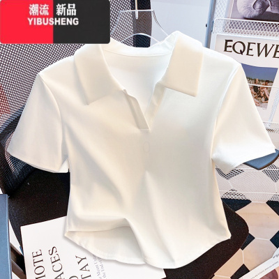 YIBUSHENG2024新款白色正肩polo领短袖T恤女减龄修身百搭短款体恤上衣