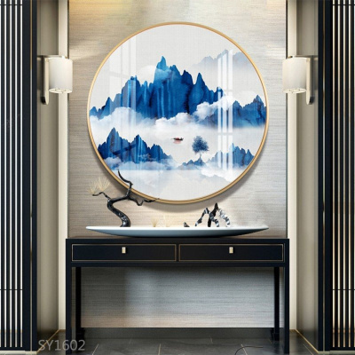 新房装饰画新中式圆形玄关装饰画客厅墙上山水挂画走廊过道茶室书房K款.水天一色支持来图定制实木-浅木色框+油画布单幅