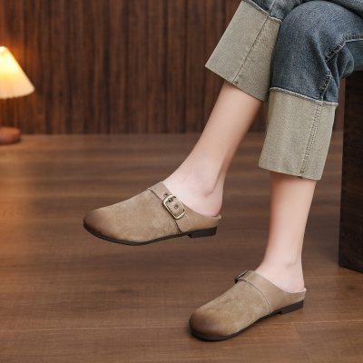 头层牛皮拖鞋女2026春季新款懒人圆头外穿一脚蹬平底软底包头拖鞋