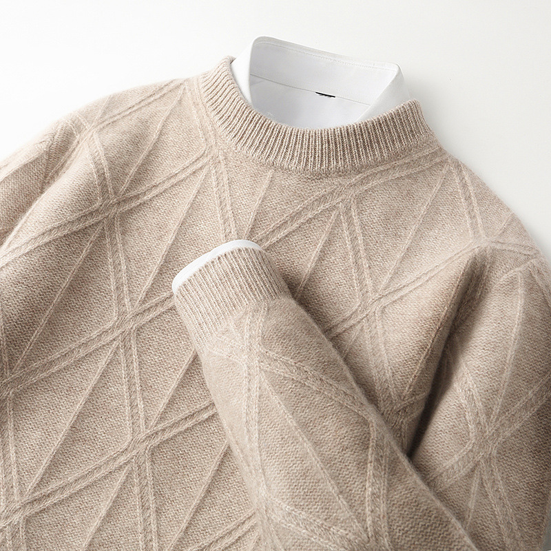 秋冬新款羊毛衫男士圆领五针加厚提花毛衣宽松休闲纯色针织打底衫