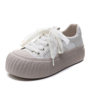 真皮厚底小白鞋女2025春夏新款透气网面百搭休闲鞋圆头系带板鞋