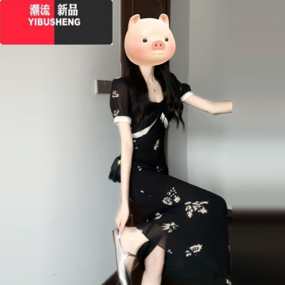 YIBUSHENG法式赫本风黑色碎花连衣裙子女季2024新款轻奢高级感收腰鱼尾裙