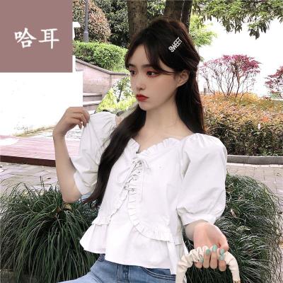 短袖衬衣寸衫女款半袖夏季2021新款法式复古设计感绑带木耳边修身显瘦短袖衬衫上衣女装
