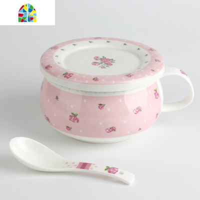 美式瓷碗带盖子燕麦碗有柄手微波炉饭碗家用蒸鸡蛋羹碗陶瓷早餐杯 FENGHOU 田园蓝陶瓷盖鼓形面杯