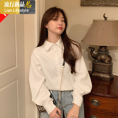 暖青汇灯笼袖衬衫女白色秋设计感小众复古宽松长袖上衣韩版泡泡袖白衬衣