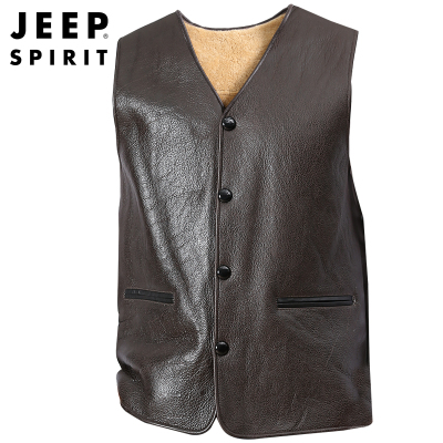 JEEPSPIRIT吉普真皮皮马甲男秋冬新款中年加厚背心商务休闲V领装皮毛一体坎肩单排扣单皮马夹