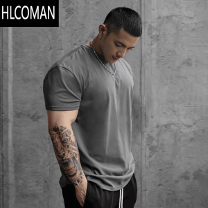 HLCOMAN美式收袖口男士运动短袖T恤宽松透气弹力跑步上衣肌肉健身训练服