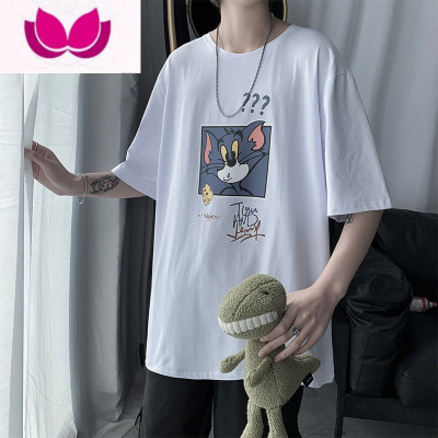 七斓猫和老鼠卡通印花短袖t恤男士ins潮牌宽松大码设计感小众夏季体恤