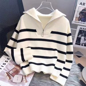 设计感条纹高翻领半拉链毛衣女秋冬新款宽松慵懒风拼色针织衫上衣