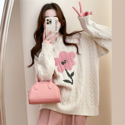 [3件8.5折135.9元,叠加优惠券]唐狮绞花肌理甜美圆领套头毛衣女新款冬季白色慵懒风针织衫qd