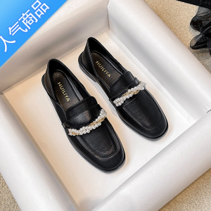 SUNTEK黑色乐福鞋女夏2023新款夏季一脚蹬女鞋英伦风小皮鞋方头平底单鞋