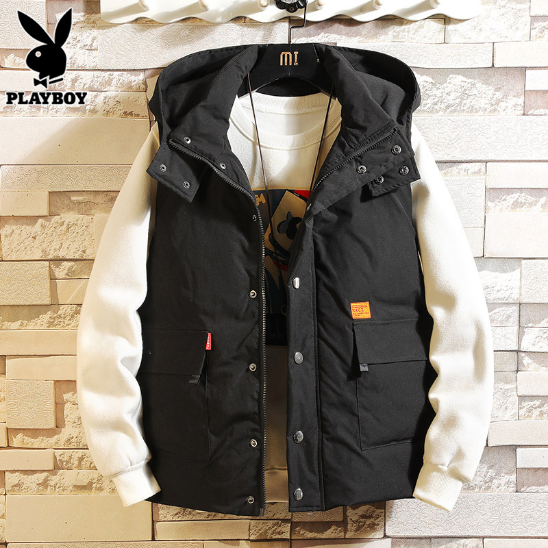 花花公子羽绒棉马甲男士连帽工装背心坎肩冬季加厚保暖马夹外套潮