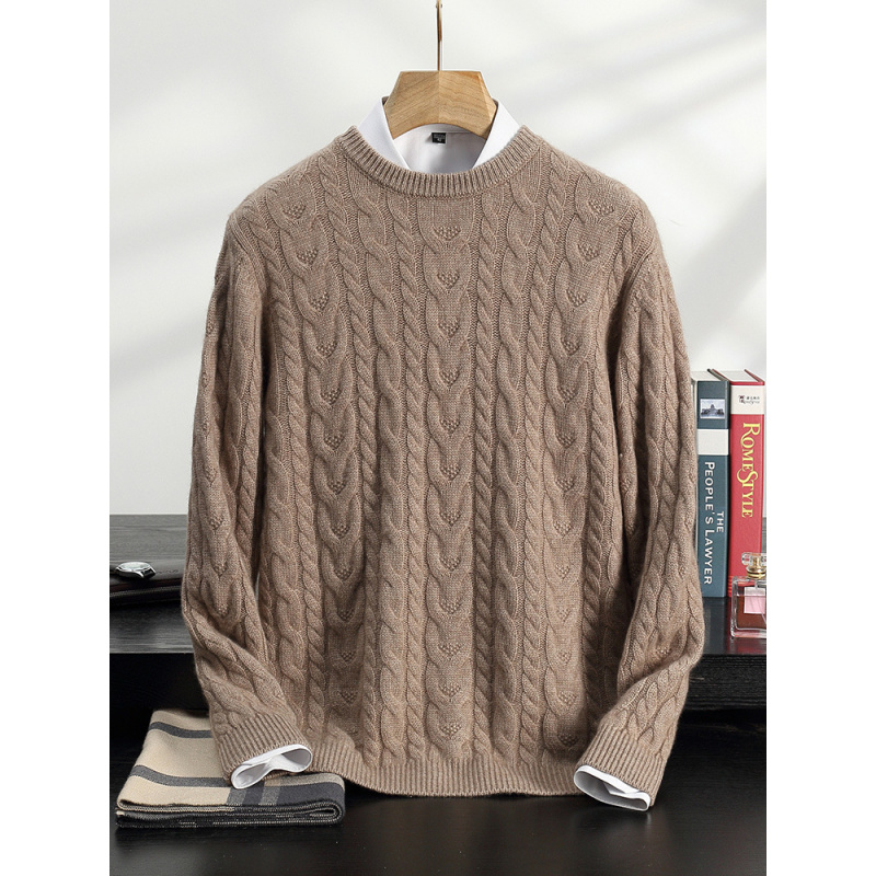 五针三股休闲山羊绒衫男士宽松加厚麻花针织打底衫套头内搭毛衣