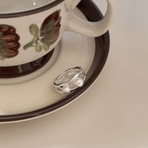 S925纯银珍珠戒指女优雅甜美气质百搭指环开口设计手饰品批发礼物送女朋友老婆情人节七夕生日礼物 白金色