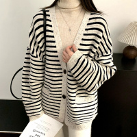 美利奴高克重纯羊毛开衫女条纹毛衣外套秋冬新款慵懒花纱撞色上衣