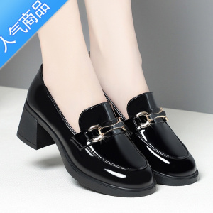 SUNTEK2023新款厚底乐福鞋女春秋女鞋漆皮粗跟休闲皮鞋英伦风一脚蹬单鞋