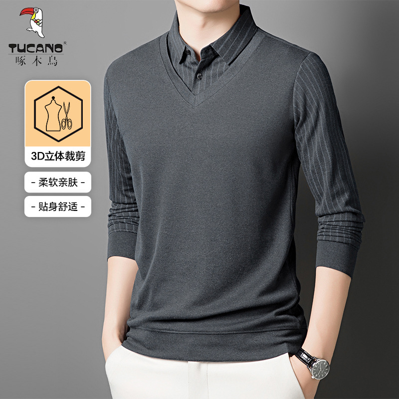 啄木鸟秋冬季假两件Polo衫男士爸爸装长袖打底上衣商务休闲打底衫