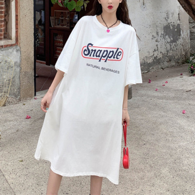 韩国大码T恤女装夏季长款过膝短袖连衣裙女休闲遮肚中长款打底衫_1