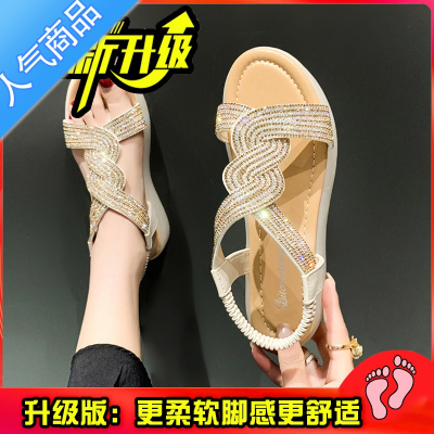 SUNTEK水钻时装凉鞋2023新款夏季仙女风厚底松紧带罗马鞋学生休闲沙滩鞋