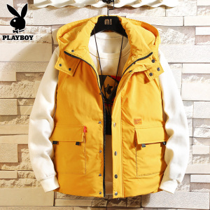 花花公子羽绒棉马甲男士连帽工装背心坎肩冬季加厚保暖马夹外套潮