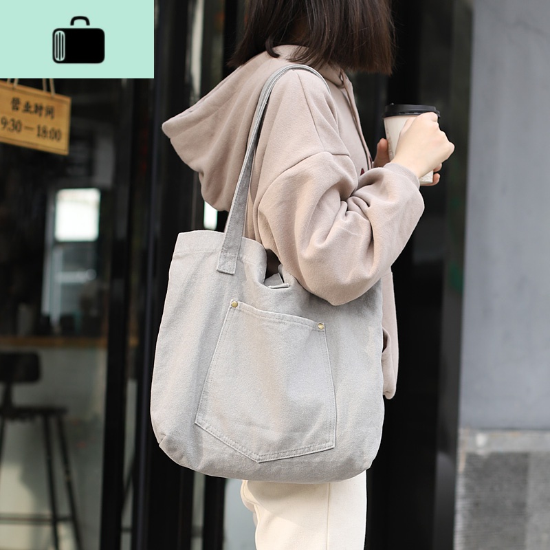 日韩文艺帆布包女单肩包 ins慵懒风布袋包大容量休闲购物袋NEW LAKE女士单肩包