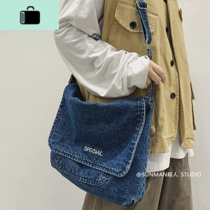 日系斜挎包潮牌复古邮差包男休闲简约大容量牛仔布包女文艺单肩包NEW LAKE男士单肩包