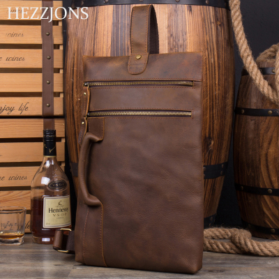 赫泽琼斯HEZZJONS进口意大利牛皮单肩包疯马皮手工男包青年复古手提包牛皮休闲单肩斜跨包棕色