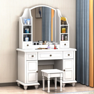 青木川 实木梳妆台卧室房间家用一米影楼化妆台收纳柜一体女生网红ins风田园美式白色化妆桌带灯简约现代