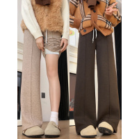 棕色羊毛呢子女冬季加绒加厚胖mm大码窄版显瘦休闲直筒阔腿糯米裤