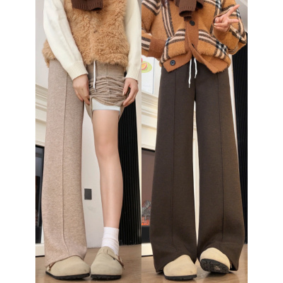 棕色羊毛呢子女冬季加绒加厚胖mm大码窄版显瘦休闲直筒阔腿糯米裤_192