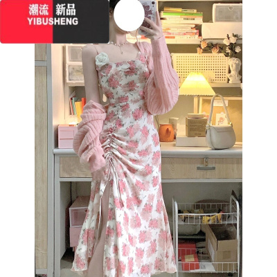 YIBUSHENG复古纯欲温柔风套装女收腰显瘦碎花气质吊带连衣裙长袖针织披肩潮
