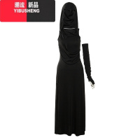 YIBUSHENGSPICY 暗黑废土风褶皱连帽连衣裙女沙漠裙修身收腰显瘦开叉包臀裙