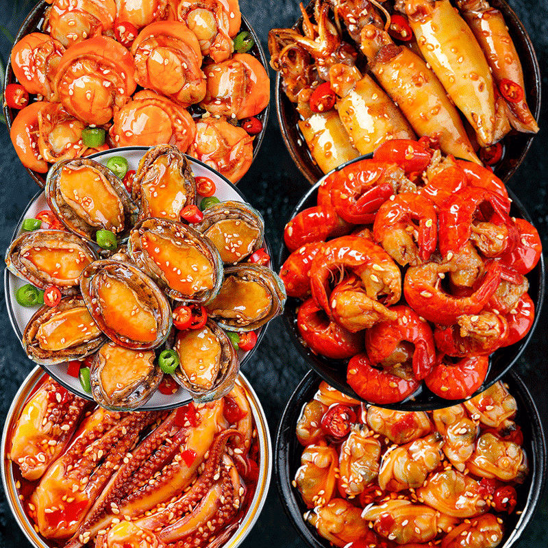 赛卡伊 八爪鱼爆头速食海鲜鲜活麻辣即食熟食组合套餐罐头鲍鱼扇贝