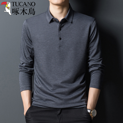 啄木鸟春秋季中年男装桑蚕丝长袖T恤翻领纯色上衣服polo打底衫男