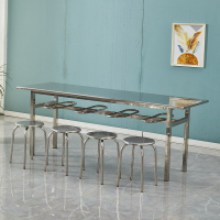 鑫环境 一桌八凳不锈钢挂凳桌食堂餐桌椅学校工厂员工食堂长方形快餐桌椅