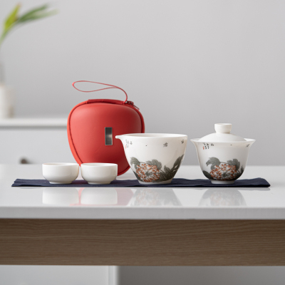 苏氏陶瓷(SUSHI CERAMICS)羊脂玉花开富贵快客杯旅行包便捷茶具