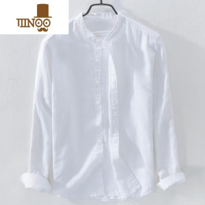 YANXU休闲亚麻衬衫男长袖薄款透气棉麻修身立领百搭白衬衣
