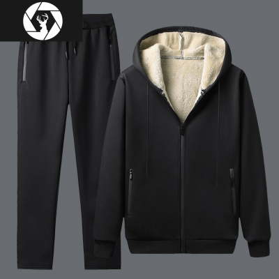HongZun羔毛加绒卫衣套装男冬季连帽运动服装外套羔绒加厚纯黑色男装其他套装