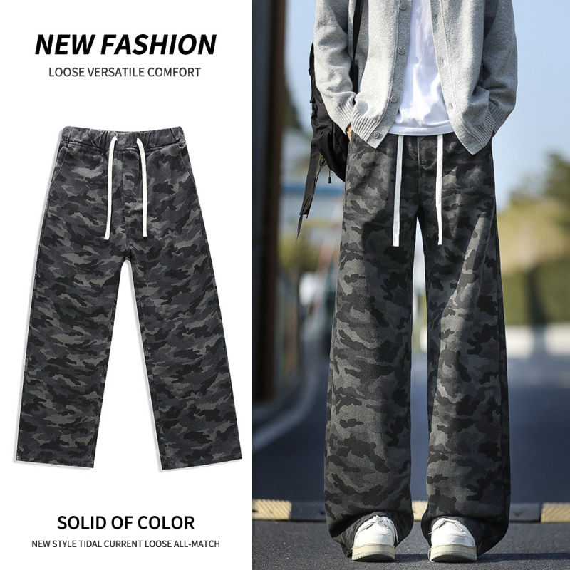 迷彩牛仔裤男生美式cleanfit微喇迷彩裤子显高男女款多口袋工装裤