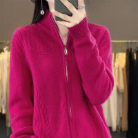 新款秋冬季针织开衫女复古外套拉链女士毛衣半高领宽松针织衫