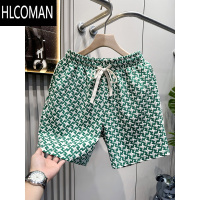 HLCOMAN轻奢潮牌千鸟格短裤男夏季宽松34分弹力沙滩裤复古休闲裤运动短裤