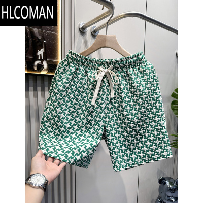 HLCOMAN轻奢潮牌千鸟格短裤男夏季宽松34分弹力沙滩裤复古休闲裤运动短裤