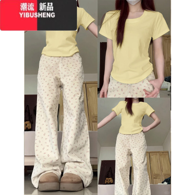 YIBUSHENG黄色半袖短袖t恤女2024新款季u领短款正肩修身上衣甜辣穿搭