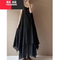 YIBUSHENG法式设计感双层大摆吊带裙女季高级感不规则下摆飘逸无袖连衣裙
