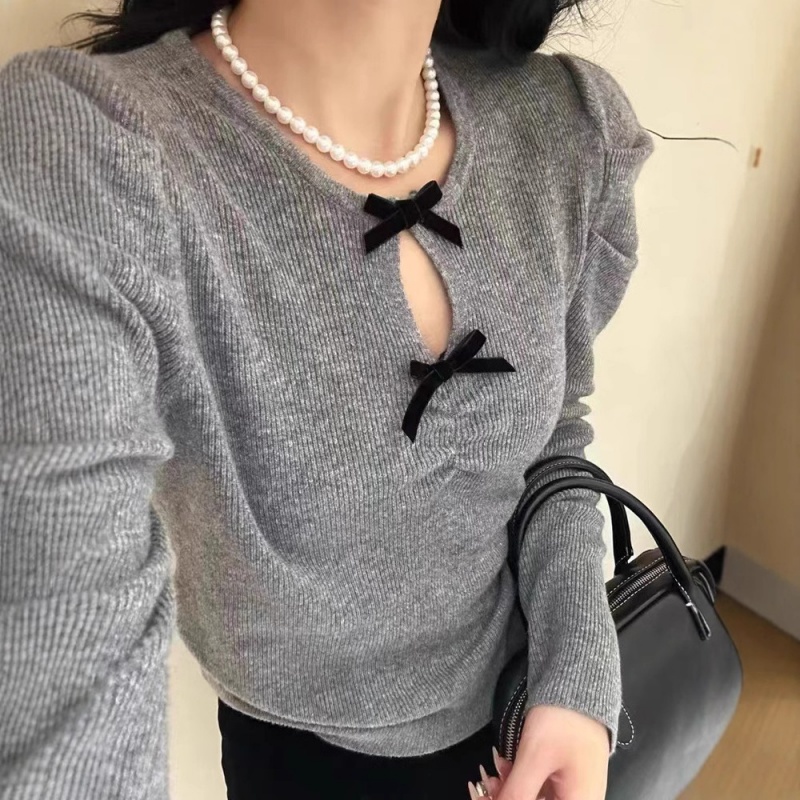 法式高级感蝴蝶结针织打底衫女秋冬新款气质学生长袖毛衣上衣