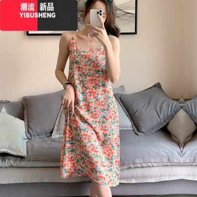 YIBUSHENG棉绸碎花吊带连衣裙 内搭外穿度假海边沙滩裙法式复古性感a字长裙