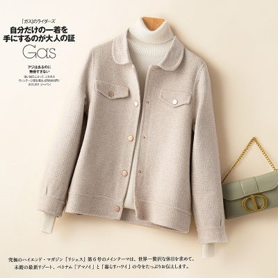 FISHBASKET反季双面绒大衣女短款娃娃领小个子百搭修身千鸟格毛呢外套毛呢外套