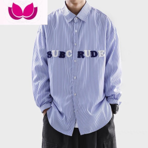 七斓2022日系条纹衬衫男日系潮牌宽松植绒字母长袖衬衣薄款休闲外套男